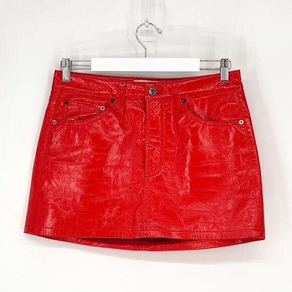 AGOLDE Recycled Leather Liv Mini Skirt Size 27 Red Patent - Picture 2 of 5